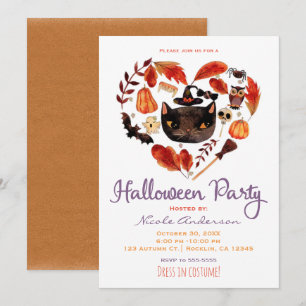 Invitation Halloween Party Chat noir Aquarelle Whimsical