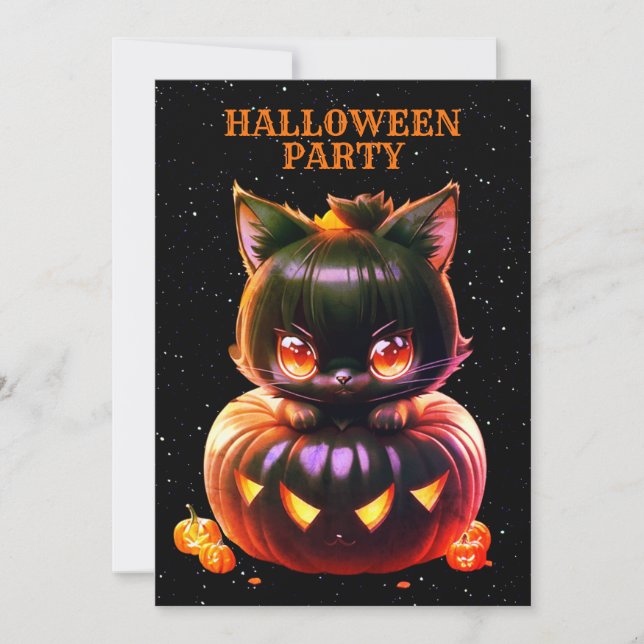 Invitation Halloween Party Chat noir Citrouille Horreur (Devant)