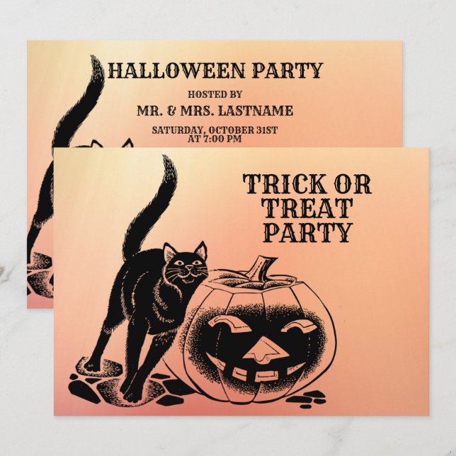 Invitation Halloween Party Chat noir Citrouille orange effroi (Devant / Derrière)