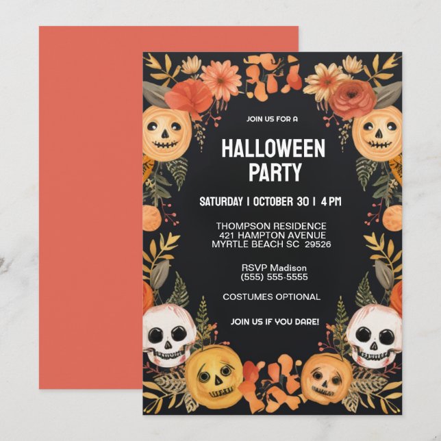 Invitation Halloween Party de crânes Citrouille éffrayants (Devant / Derrière)