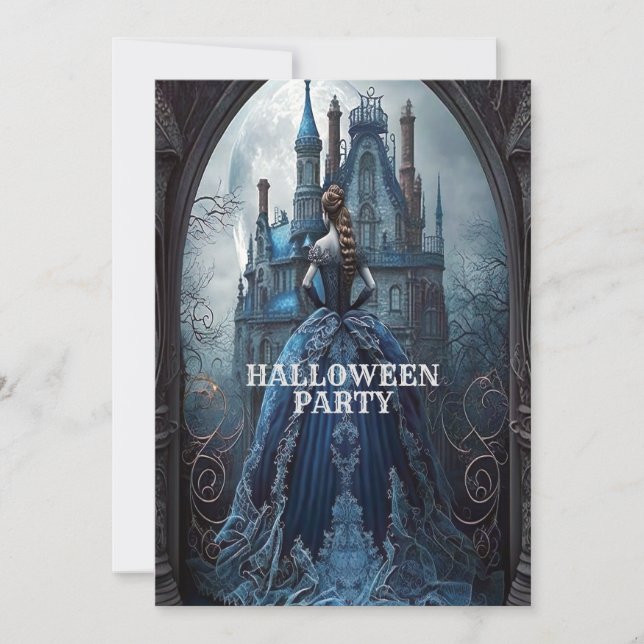 Invitation Halloween Party Haunted Maison Bleue Nuit Effrayan (Devant)