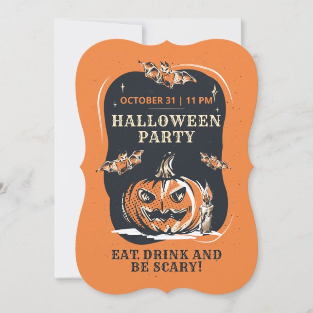 Invitation Halloween Party Jack-o'-lantern et chauves-souris (Devant)