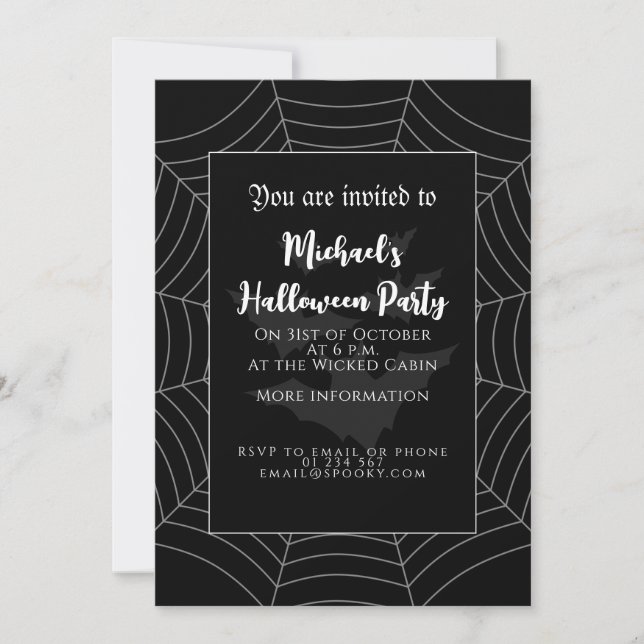 Invitation Halloween Party Noir blanc gris araignée chauves-s (Devant)