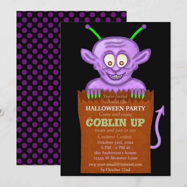 Invitation Halloween Party Purple Goblin Funny Kids (Devant / Derrière)