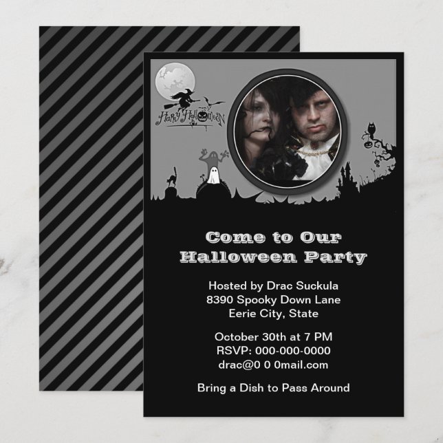 Invitation Halloween Party, Sorcière, Fantôme, Chat, B&W Ajou (Devant / Derrière)