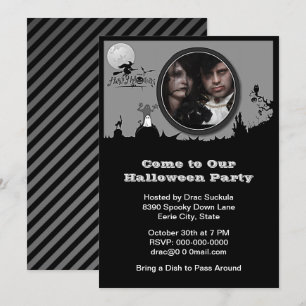 Invitation Halloween Party, Sorcière, Fantôme, Chat, B&W Ajou