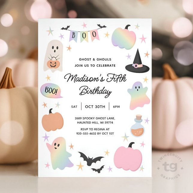Invitation Halloween Pastel Cute Ghost Holographic Anniversai (Créateur téléchargé)