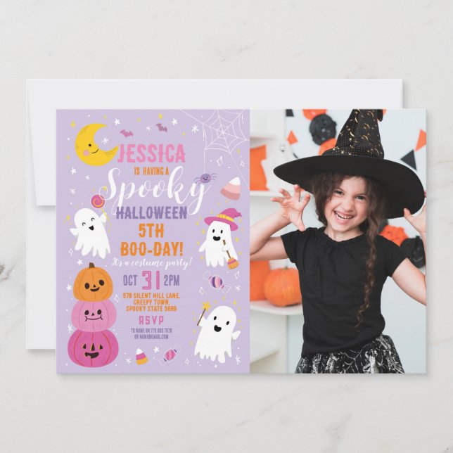 Invitation Halloween Photo violet Fantôme Citrouille Annivers (Devant)