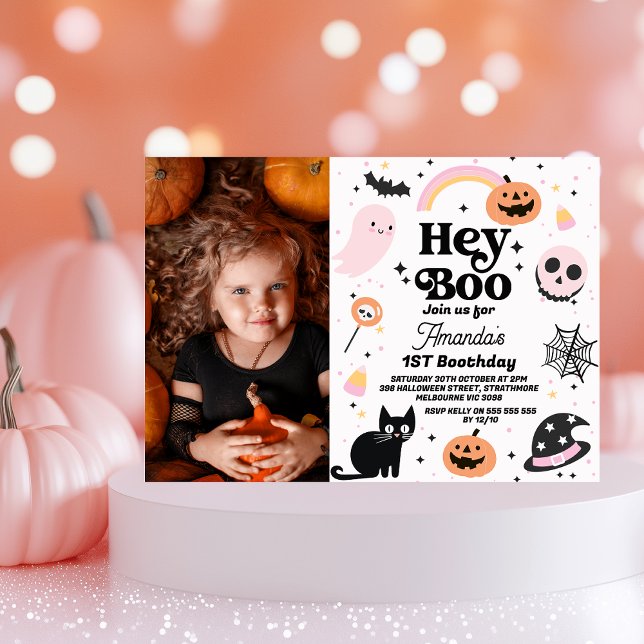Invitation Halloween Pink Black Hey Boo 1er anniversaire (Girls Halloween Hey Boo Birthday Invitation Rainbow Halloween Themed 1st Birthday Invitation Ghost)