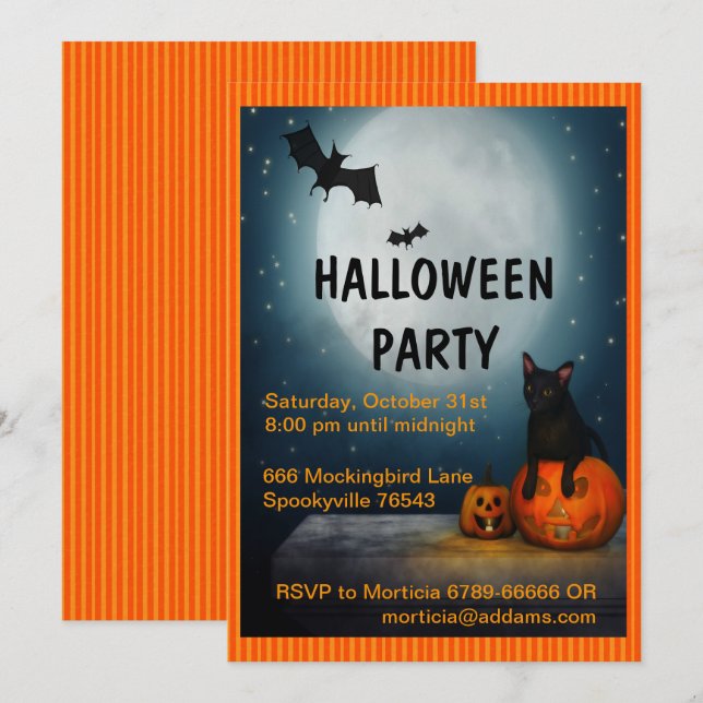 Invitation Halloween Pleine lune, Chat et Citrouille (Devant / Derrière)