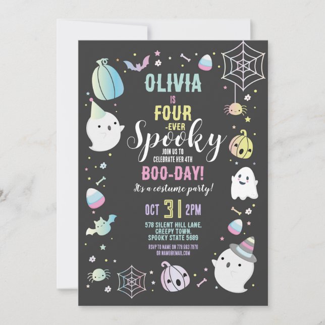 Invitation Halloween QUATRE 4ème anniversaire Filles Fêtes Fê (Devant)