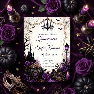 Invitation Halloween quinceañera gothique violet noir