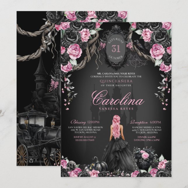 Invitation Halloween Quinceañera Princesse gothique rose noir (Devant / Derrière)