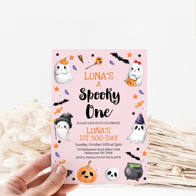 Invitation Halloween rose Éffrayant un 1er anniversaire (Girls Halloween Spooky One 1st Birthday Invitation, Editable Pastel Pink Halloween First Birthday )