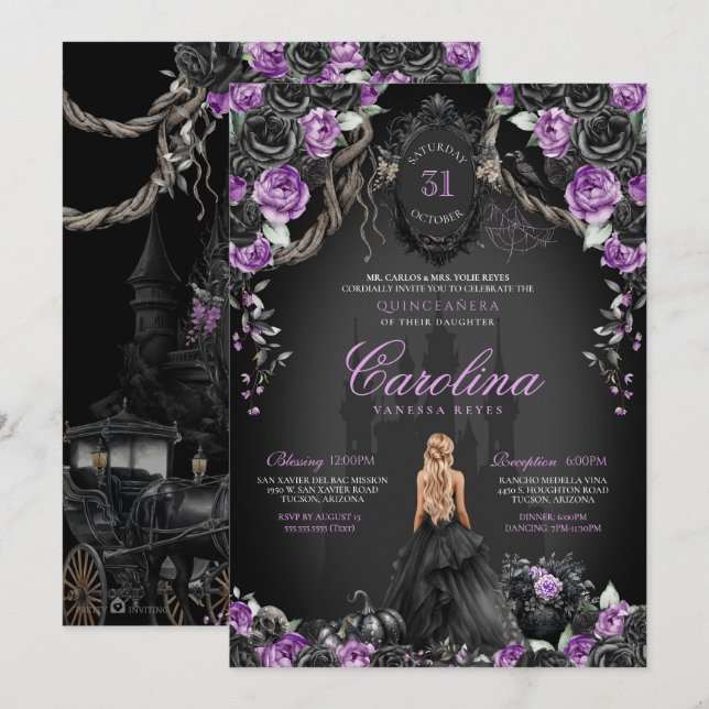 Invitation Halloween Rose noire violette princesse Quinceañer (Devant / Derrière)