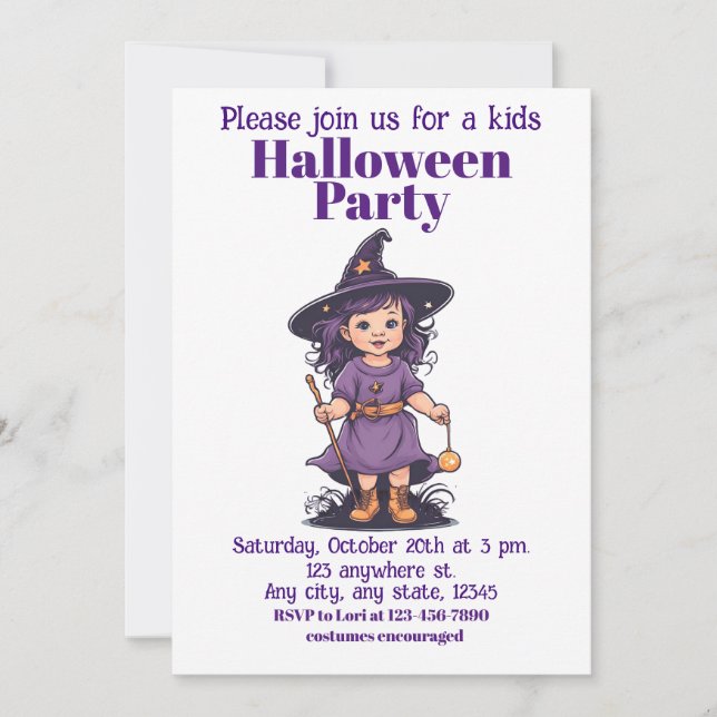 Invitation Halloween sorcière 16 enfants, charmante sorcière (Devant)