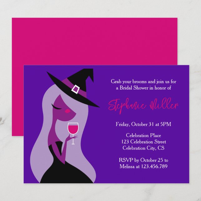 Invitation Halloween sorcière Fête des mariées vin rose pourp (Devant / Derrière)
