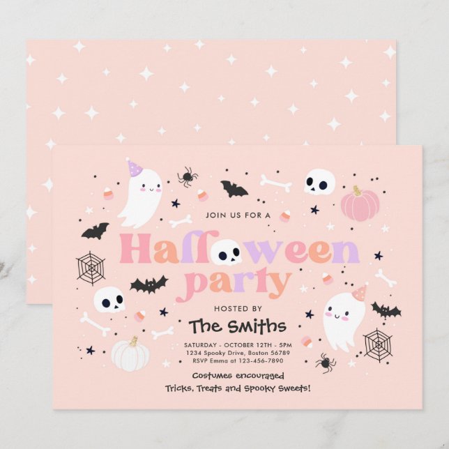 Invitation Halloween Spooktaculaire Parti mignon Fantôme rose (Devant / Derrière)