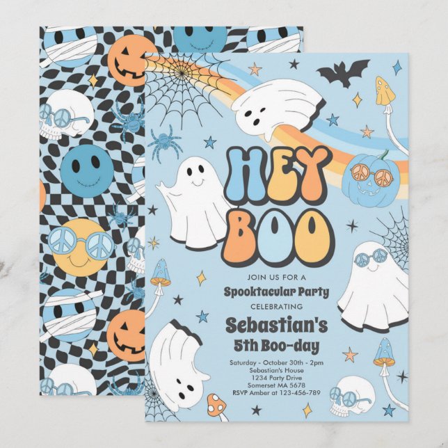 Invitation Halloween Super mignonne fantôme Hey Boo fête d'an (Devant / Derrière)