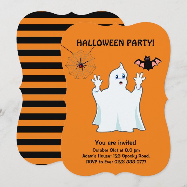 Invitation Halloween Trumpy Ghost, Spider & Bat (Devant / Derrière)