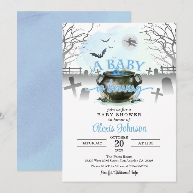 Invitation Halloween Un bébé brasse Baby shower bleu (Devant / Derrière)
