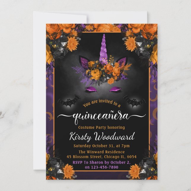 Invitation Halloween Unicorne Florale Face Automne Quinceaner (Devant)