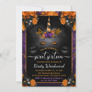 Invitation Halloween Unicorne florale Sweet sixteen visage