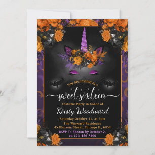 Invitation Halloween Unicorne florale Sweet sixteen visage