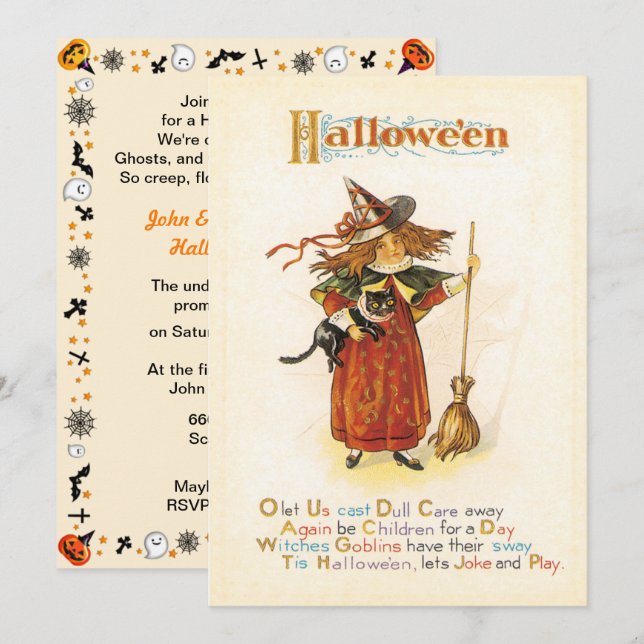Invitation Halloween vintage Fun Little Witch (Devant / Derrière)