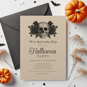 Invitation Halloween vintage noir floral crâne