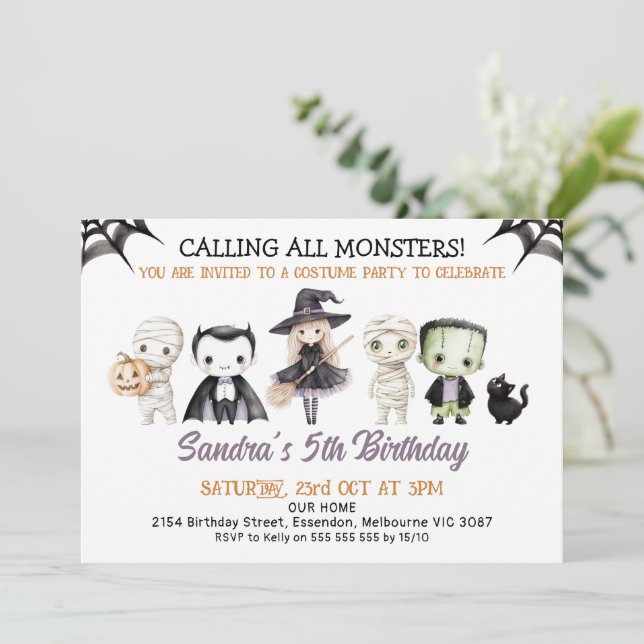 Invitation Halloween violet appeler tous les monstres Anniver (Debout devant)