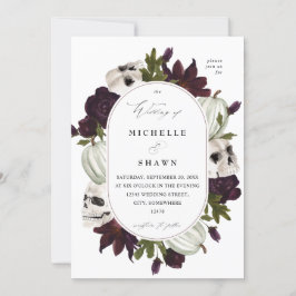 Invitation Halloween violet Floral et Mariage crâne blanc