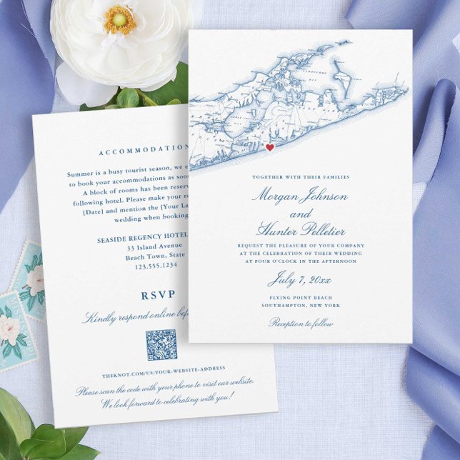 Invitation Hamptons Beach tout-en-un QR code RSVP Mariage (These affordable Hamptons Wedding Invitations save money AND paper with double sided QR code design)