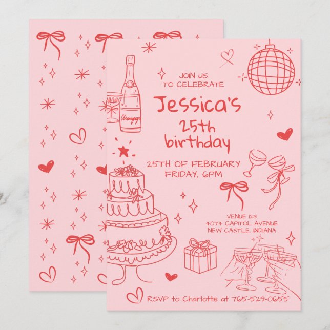 Invitation Hand Drawn Adult Handwritten Scribble Birthday  (Devant / Derrière)