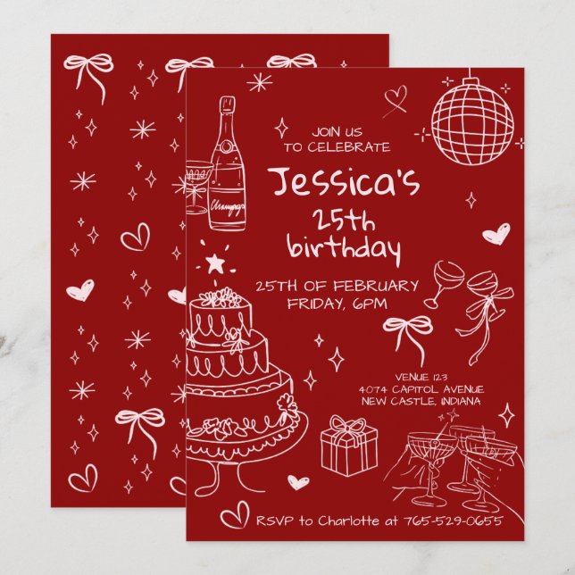 Invitation Hand Drawn Adult Handwritten Scribble Birthday  (Devant / Derrière)