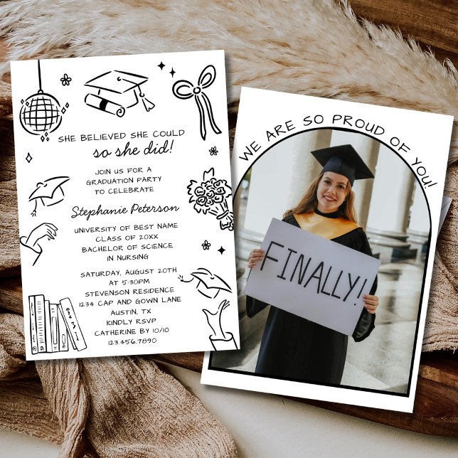Invitation Hand Drawn Black & White Doodle Photo Graduation (Créateur téléchargé)