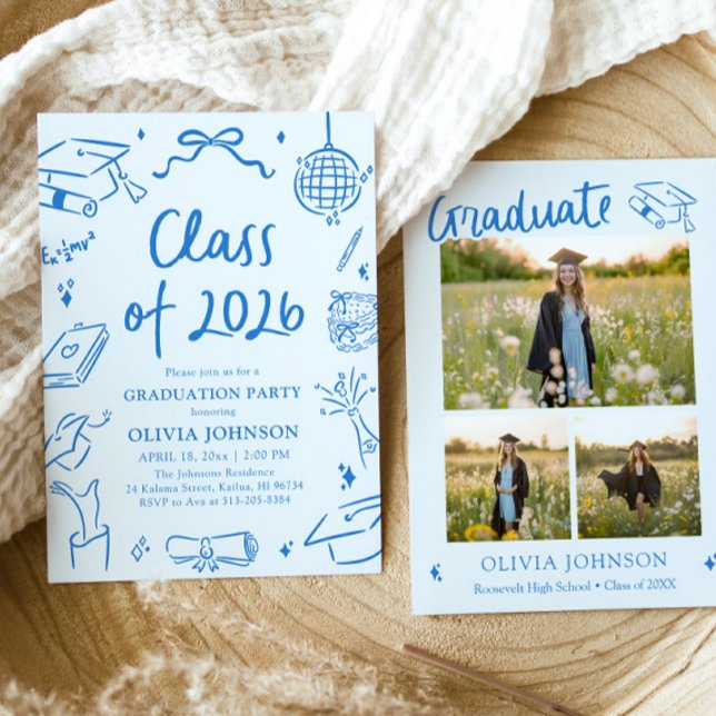 Invitation Hand Drawn Class of 2026 Blue Graduation Party (Hand Drawn Class of 2026 Blue Graduation Party Invitation)