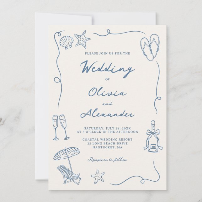 Invitation Hand Drawn Coastal Beach Dusty Blue Ivory Wedding (Devant)