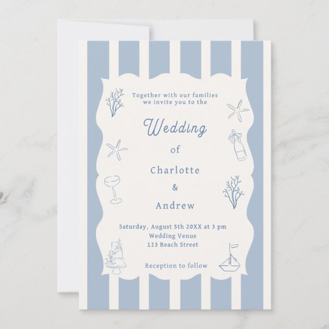 Invitation Hand drawn coastal beach dusty blue ivory wedding (Devant)