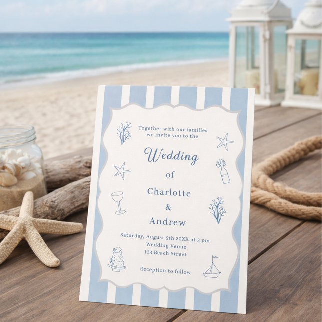 Invitation Hand drawn coastal beach dusty blue ivory wedding (Créateur téléchargé)