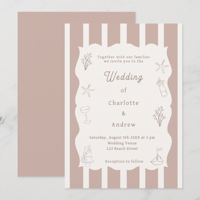 Invitation Hand drawn coastal beach ivory taupe wedding (Devant / Derrière)
