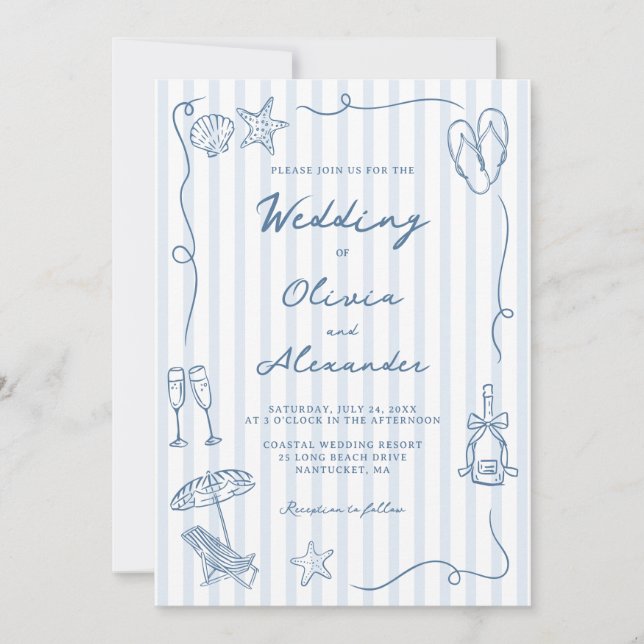 Invitation Hand Drawn Coastal Dusty Blue Beach Wedding (Devant)