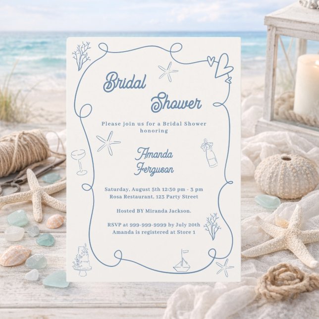 Invitation Hand drawn coastal dusty blue ivory Bridal Shower (Créateur téléchargé)