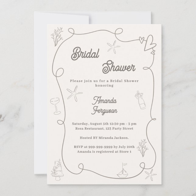 Invitation Hand drawn coastal ivory taupe sand Bridal Shower (Devant)