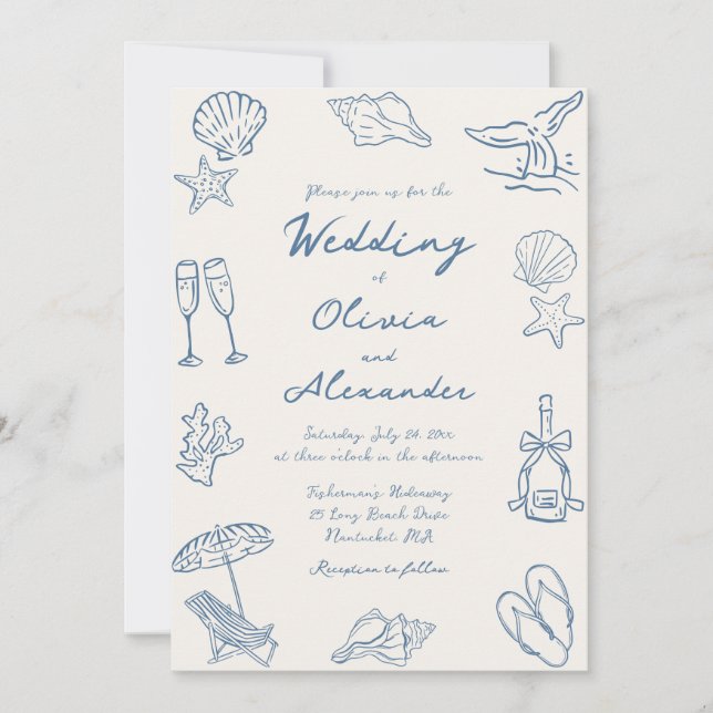 Invitation Hand Drawn Coastal Whimsical Doodle Beach Wedding (Devant)