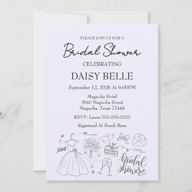 Invitation Hand Drawn Doodle Bridal Shower (Devant)