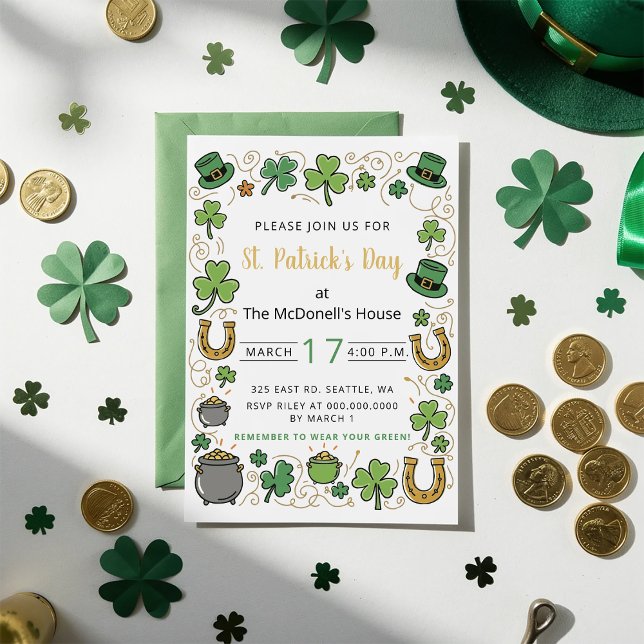 Invitation Hand Drawn Doodle Whimsical St Patricks Day  (Hand Drawn Doodle Whimsical St Patricks Day Invitation)