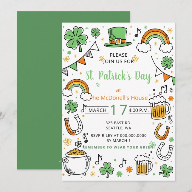 Invitation Hand Drawn Doodle Whimsical St Patricks Day  (Devant / Derrière)