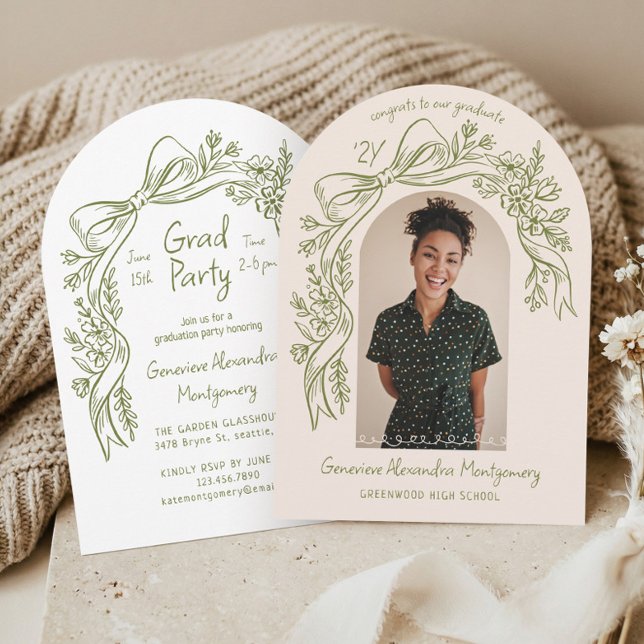 Invitation Hand Drawn Floral Bow Arch Photo Graduation Party (Hand Drawn Floral Bow Arch Photo Graduation Party Invitation)