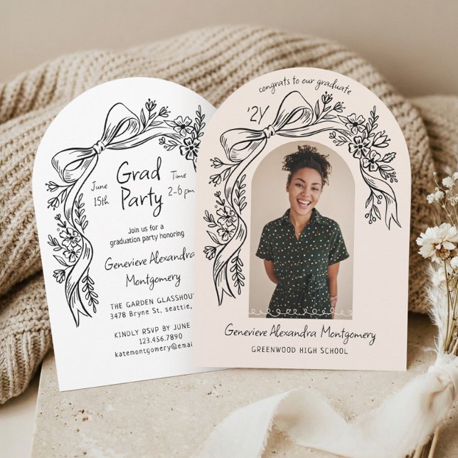 Invitation Hand Drawn Floral Bow Arch Photo Graduation Party (Hand Drawn Floral Bow Arch Photo Graduation Party Invitation)